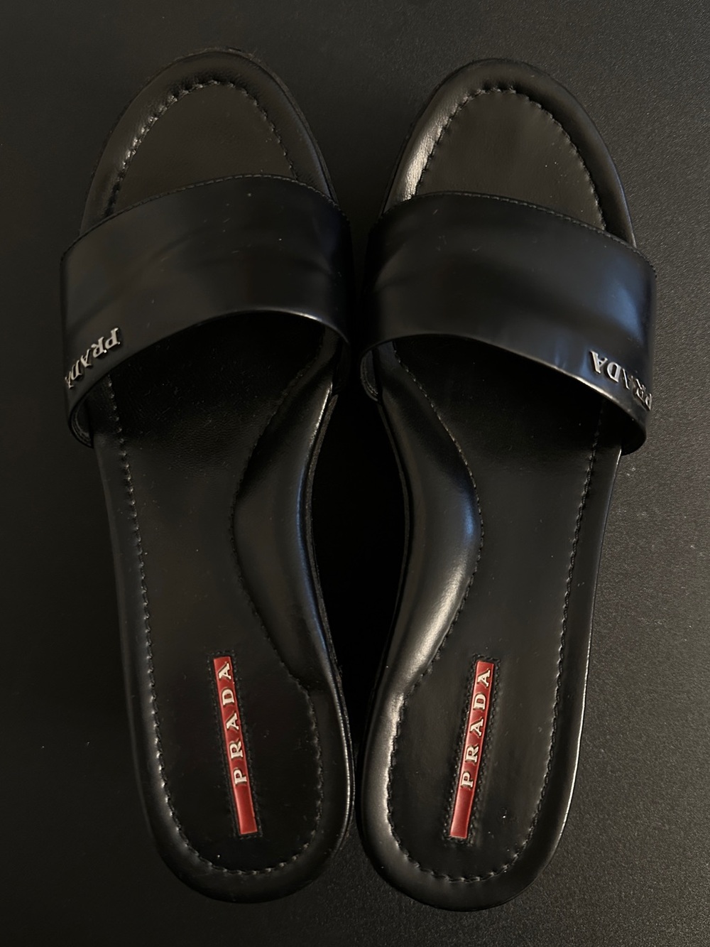 Prada Black Leather Slide Mules with Logo Plaque - Picture 3 of 4